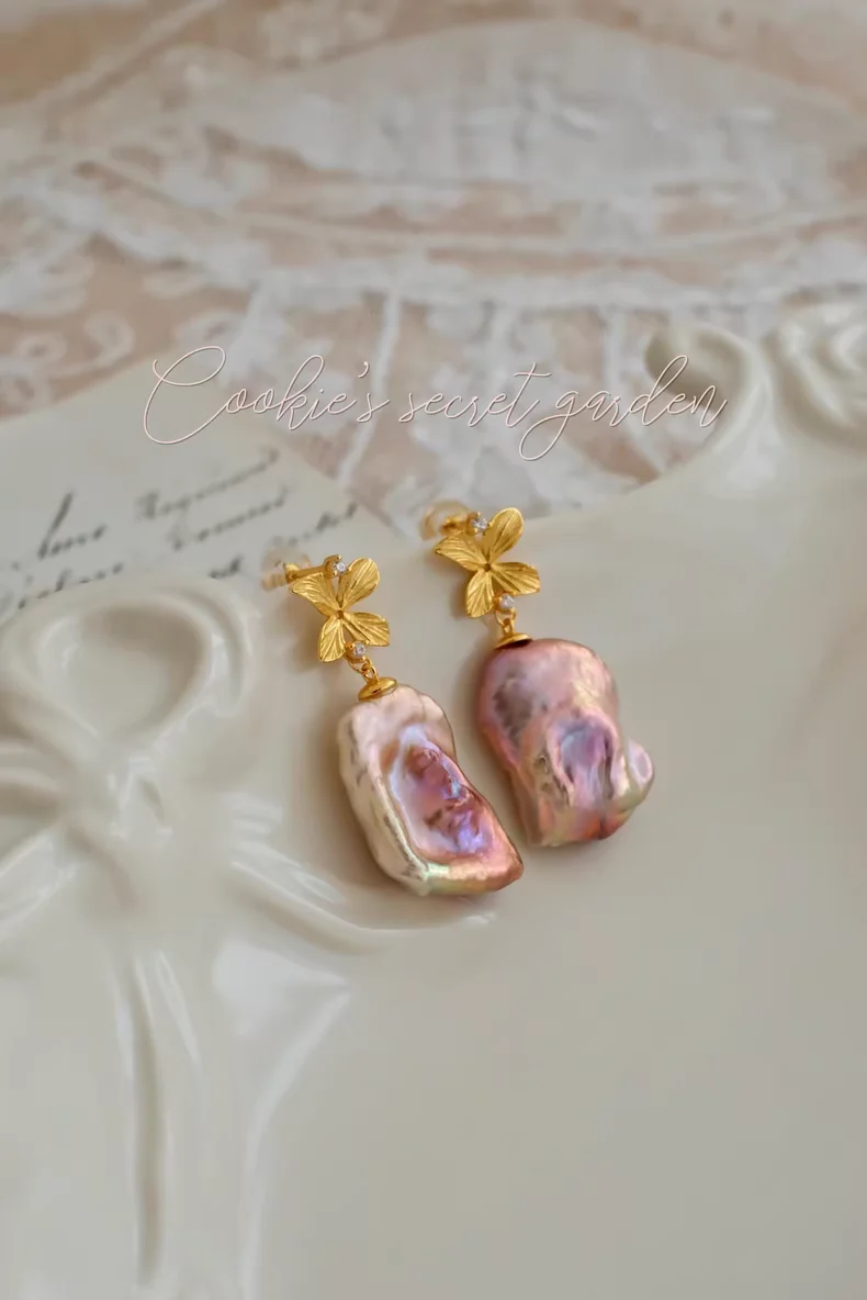 【Monet Garden Collection】 Handmade Flower Baroque Pearl Drop Earrings
