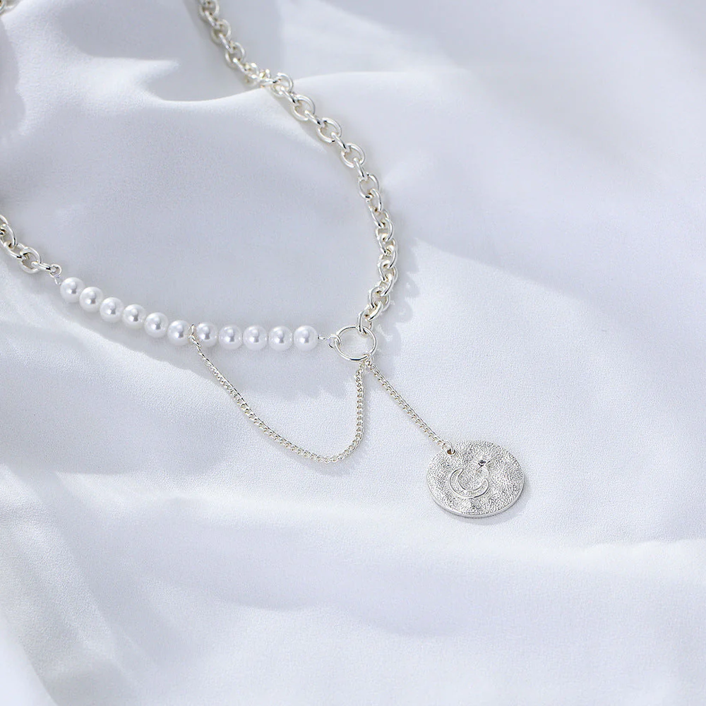 Pearl Necklace Embossed Coin Pendant