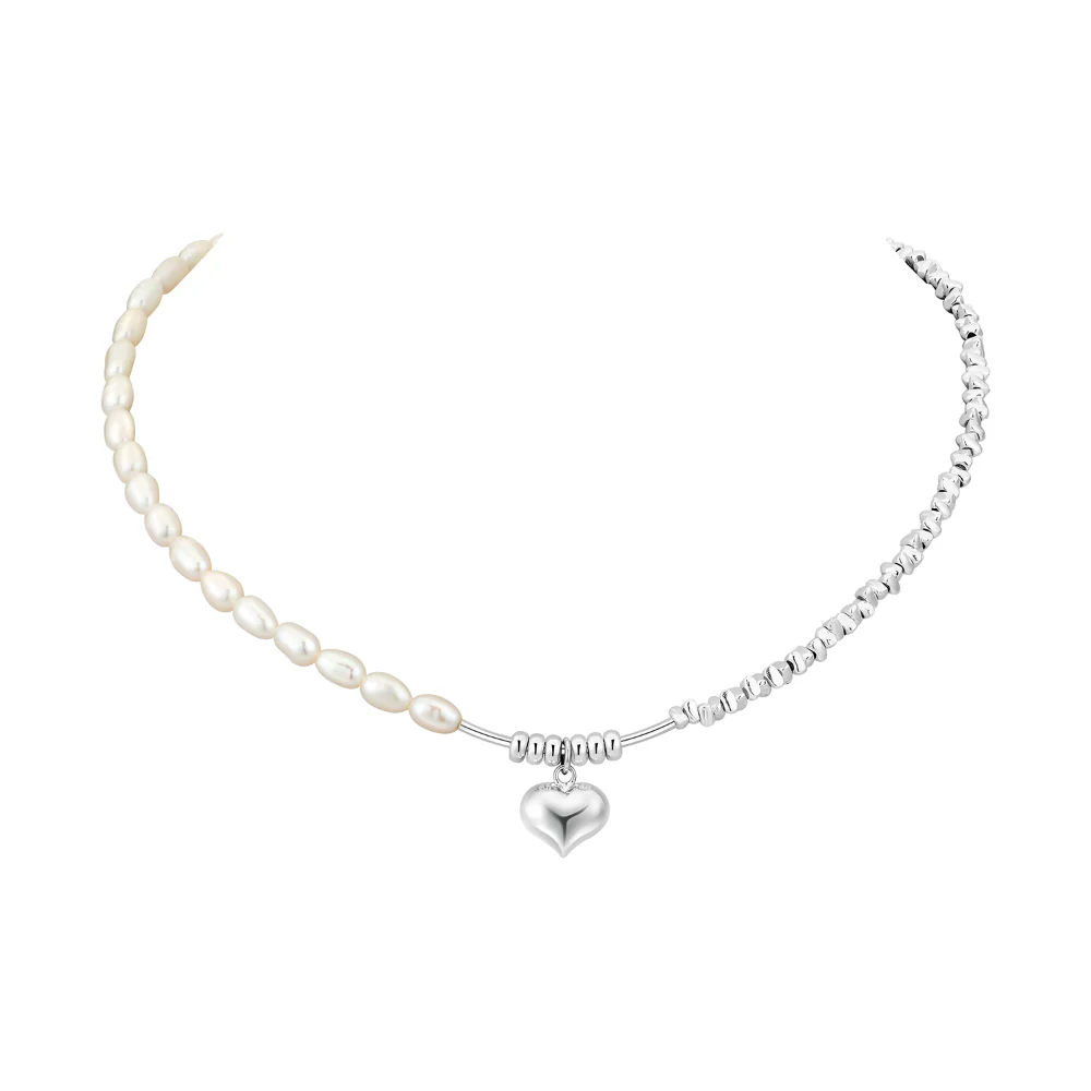 Half Pearl Half Silver Block Chain Heart Pendant Necklace Bracelet Set