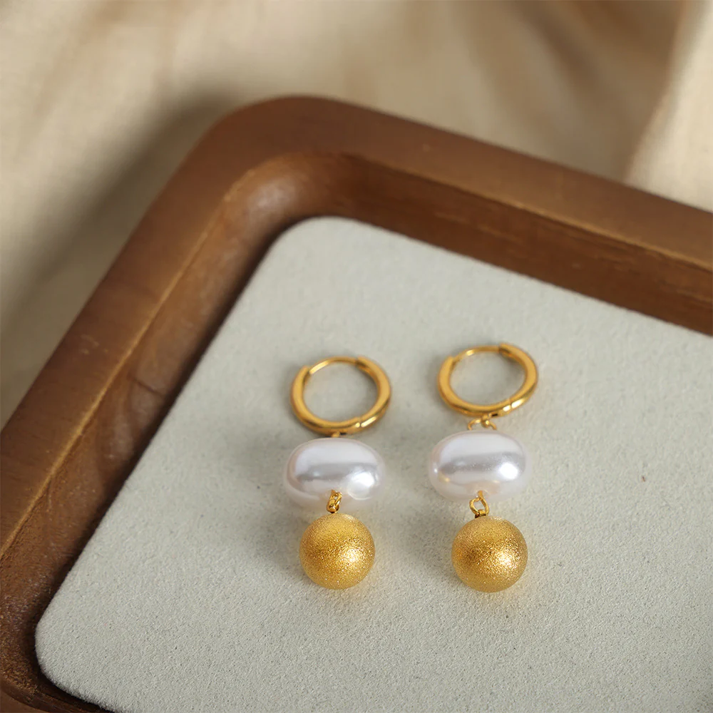 Frosted Gold Bead and Pearl Earrings