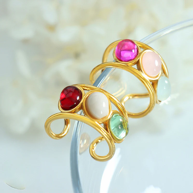 Colorful Pink Green Red Beads Gold Enhancer Ring