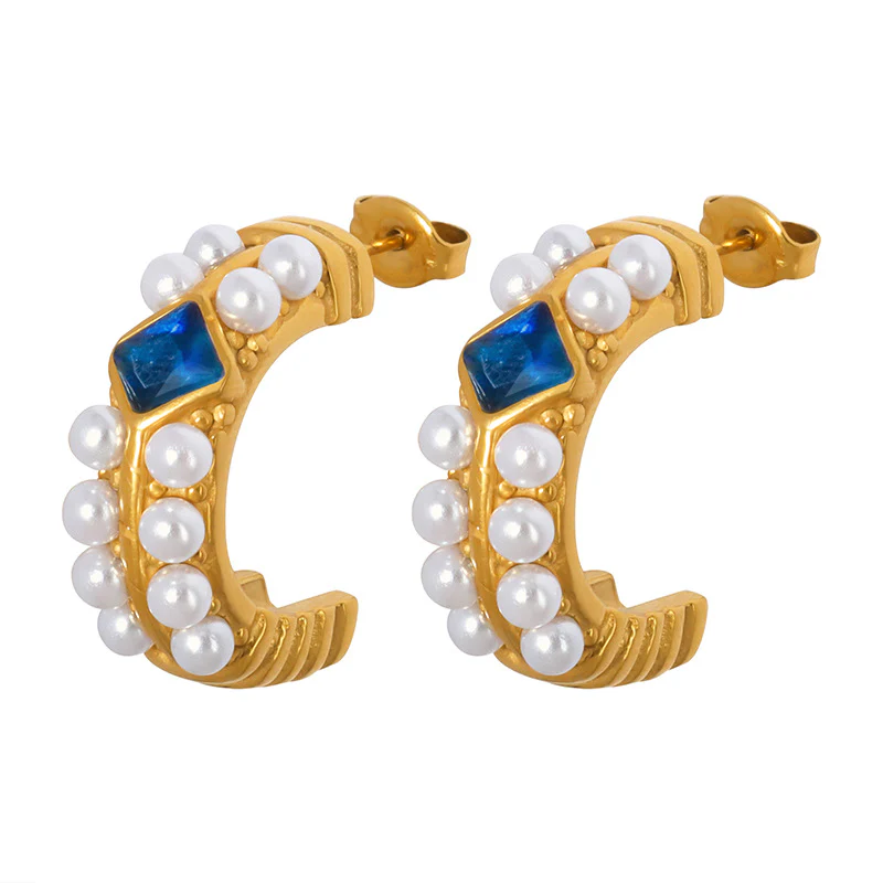 C Shape Pearl Blue Sapphire Earrings