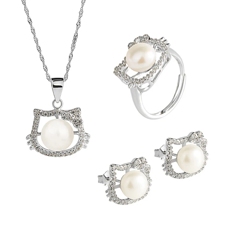Kitty Cat Pearl Pendant Necklace Earrings Ring Set