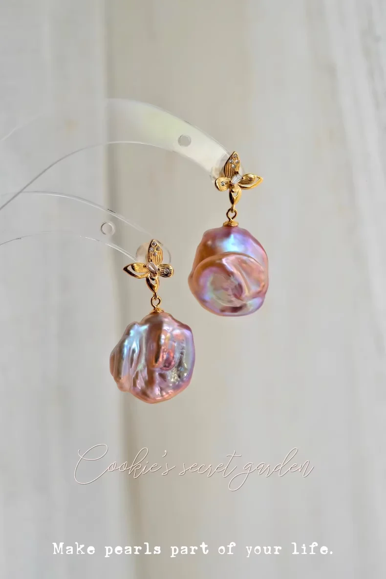 【Monet Garden Collection】 Handmade Butterfly Purple Baroque Pearl Earrings
