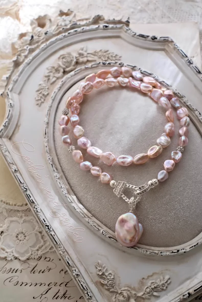 【Monet Garden Collection】 Handmade Sakura Baroque Pearl Necklace