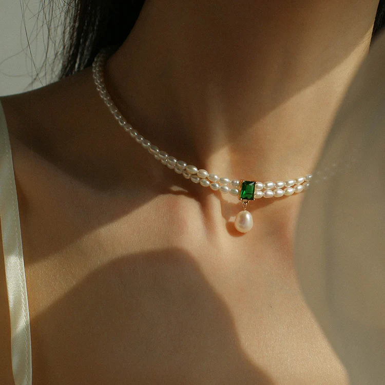 Super-Slim Double Strand Freshwater Pearl Emerald Layer Necklace