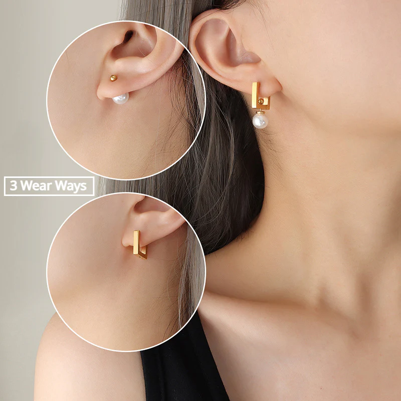 Multi Wear Ways Square Dangle Pearl Earring
