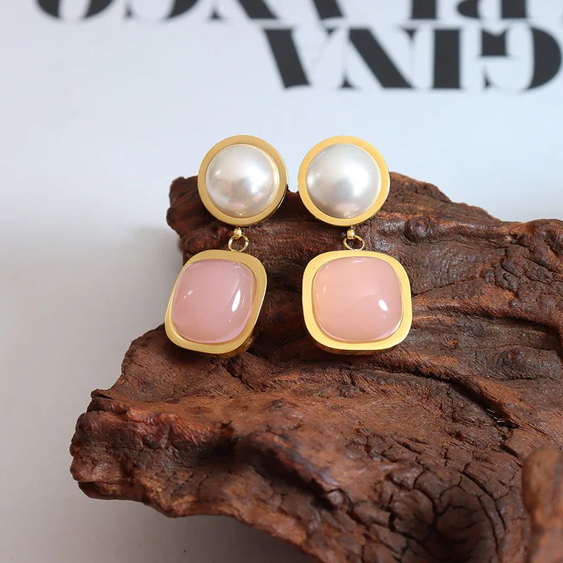Square Pink Jade Pearl Earrings
