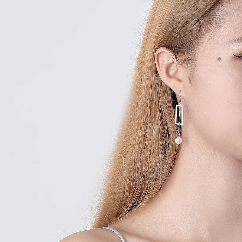 S925 Silver Geometric Tassel Pearl Dangle Earrings