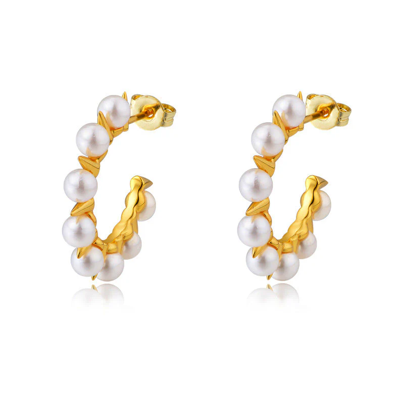 C Hoop Rivet Pearl Earrings