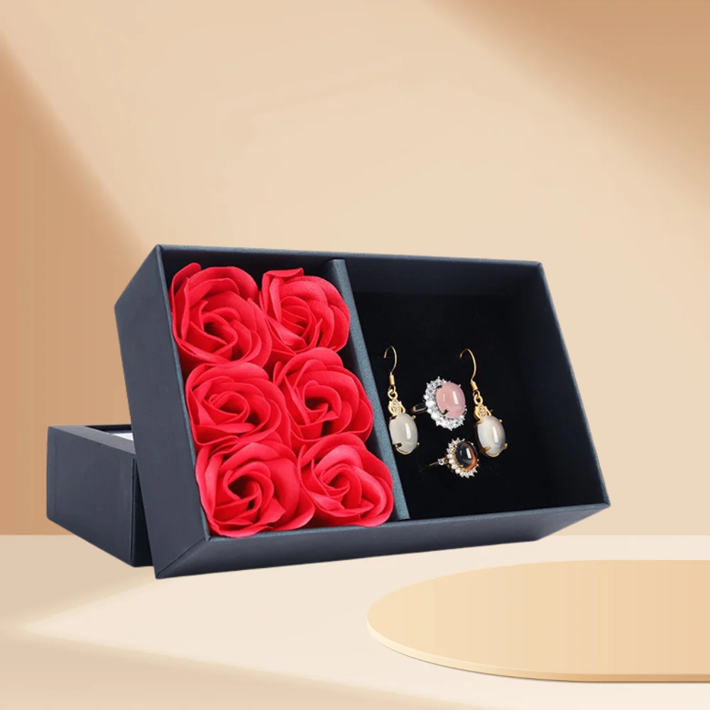 6 Roses Preserved Flower Ring Earring Necklace Set Jewelry Box
