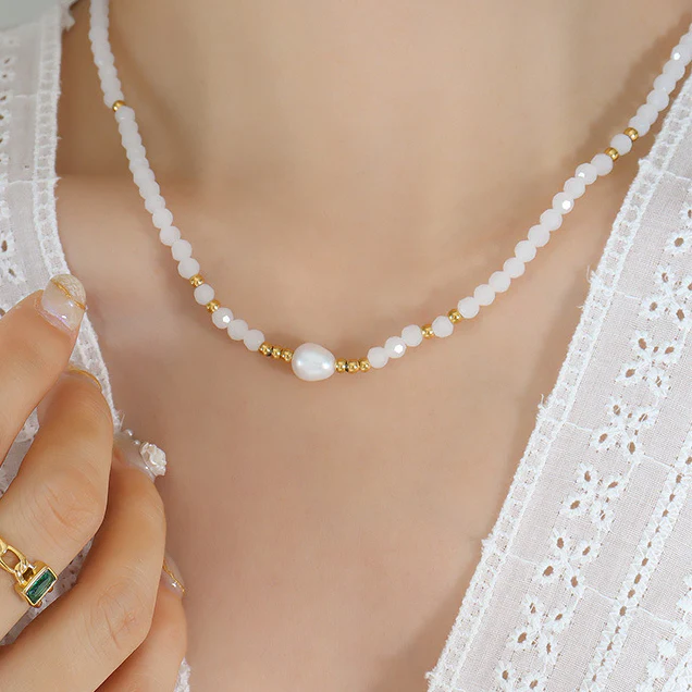 White Glass Beads and Freshwater Pearl Beaded Necklace