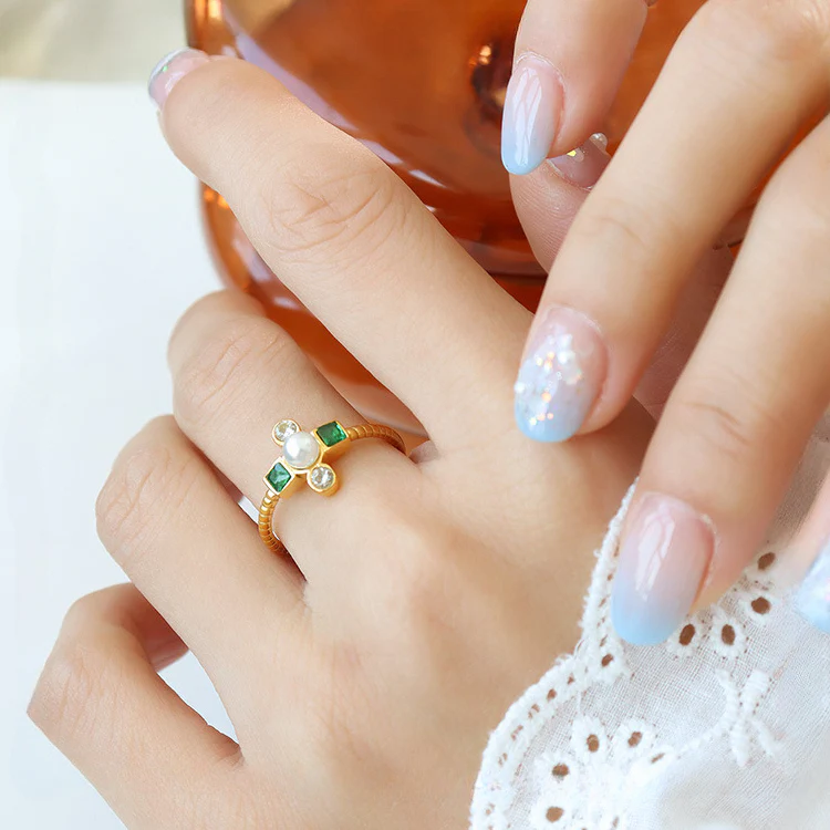 Emerald Zircon and Pearl Cross Ring