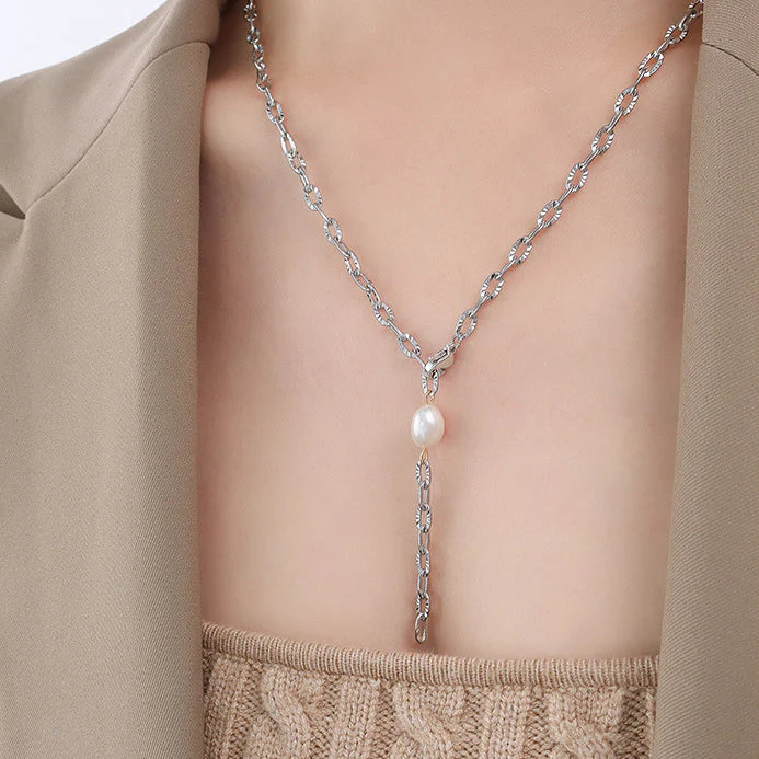 Adjustable Thick Y Necklace Bracelet Set With Pearl Charm