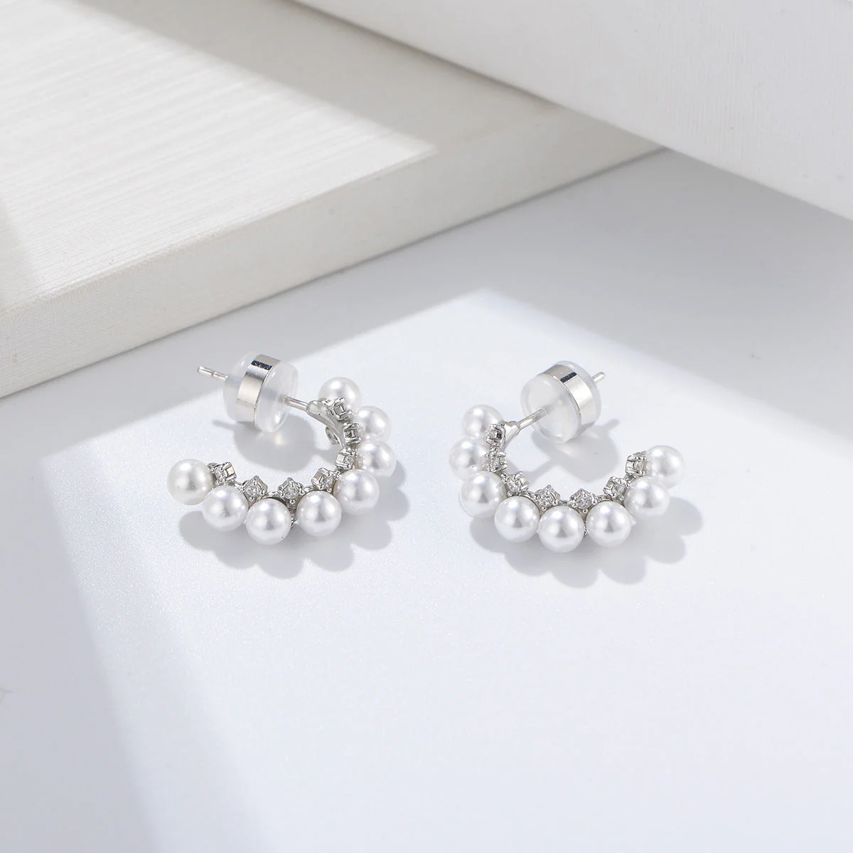 Pearl Half Hoop Earrings With Diamond