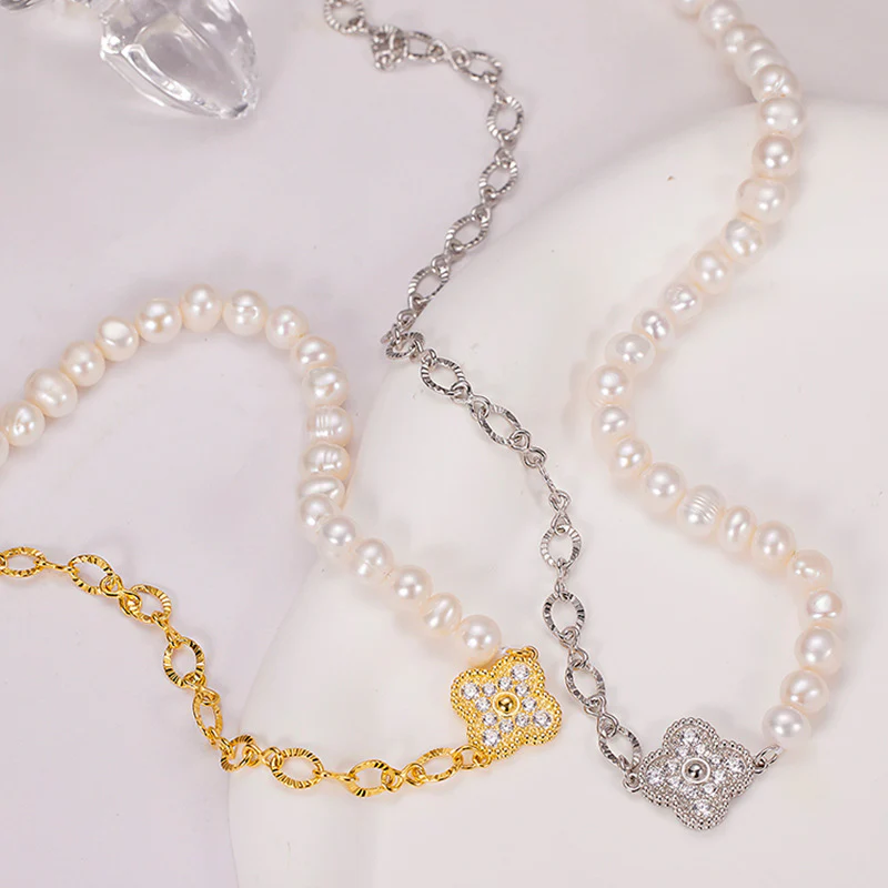 Half Pearl Half Chain Four Leaf Clover Pendant Necklace