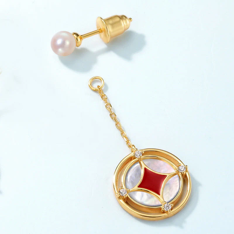 Pearl Studs Red Enamel Earrings