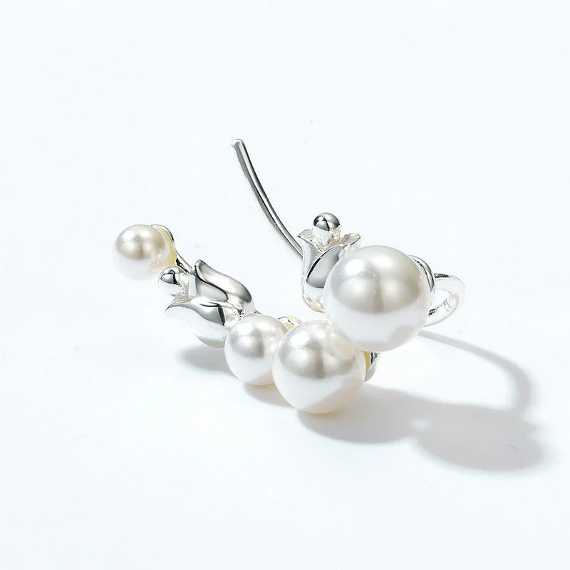 Non Pierced Sterling Silver Pearl Climber Earrings