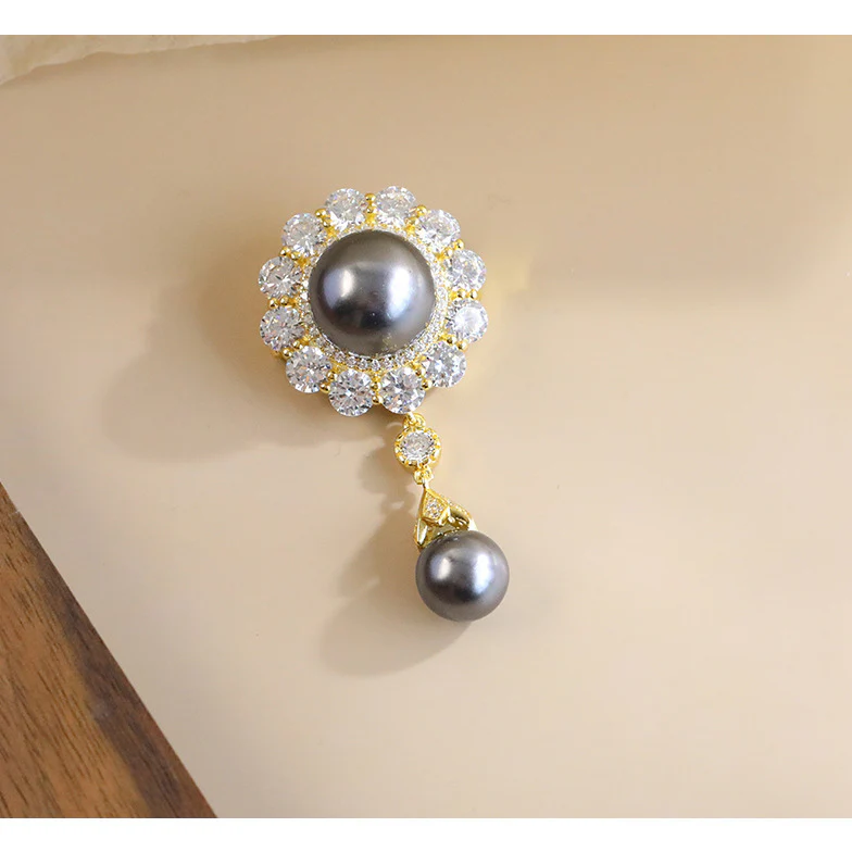 Duchess Camellia Diamond Pearl Pendant Brooch Necklace