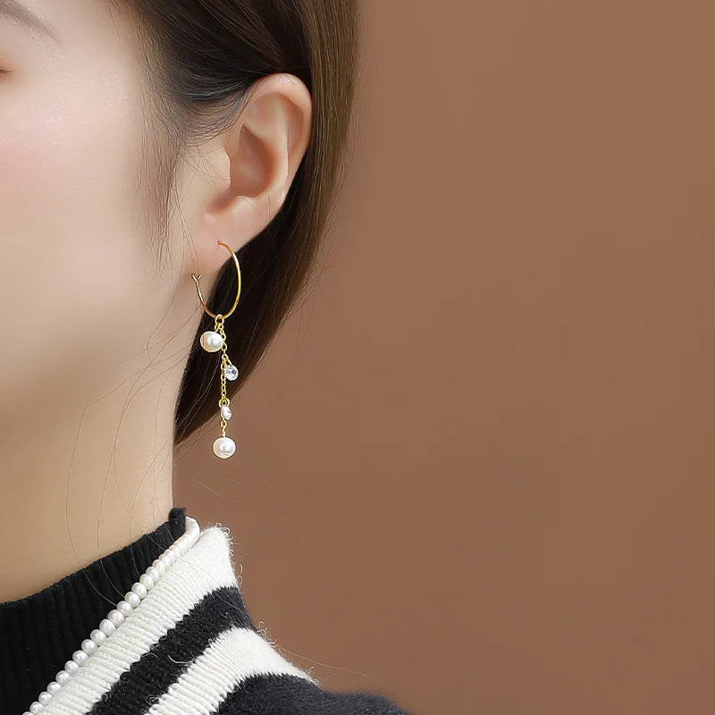 AB Style Asymmetric Hoop Pearl Drop Earrings