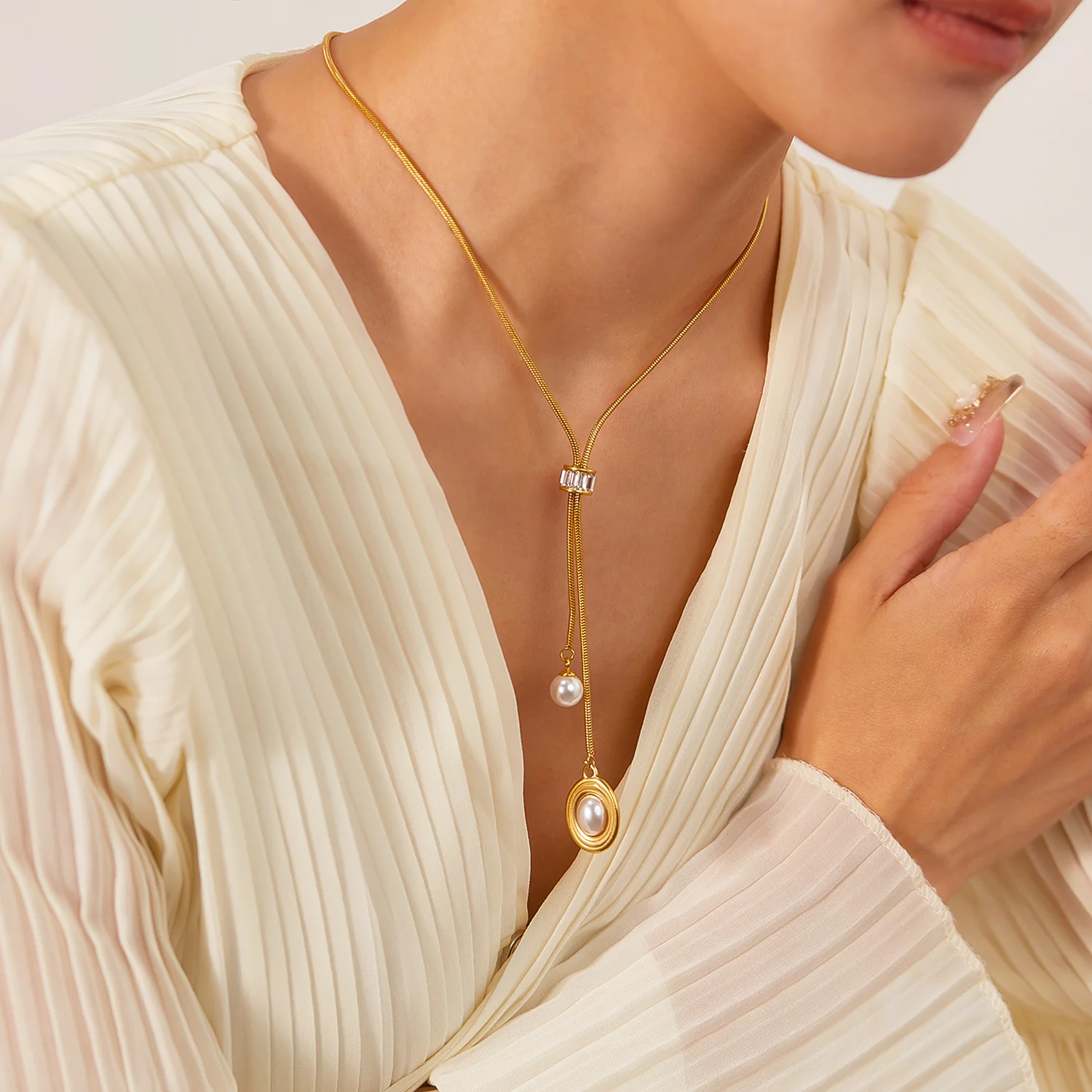 2 Strip Pearl Drop Pendant  Y Necklace