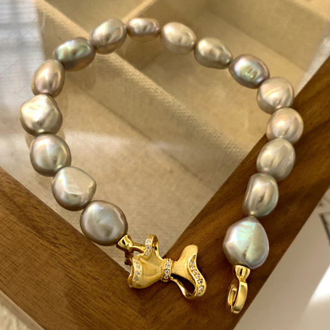 Grey Pearl Bracelet Chunky Baroque