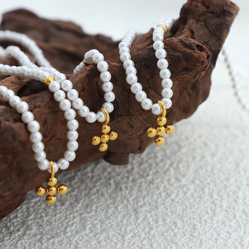 Pearl Necklace With Beads Cross Pendant