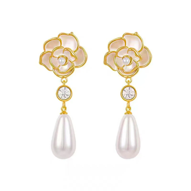 Camellia Drop Pearl Earrings