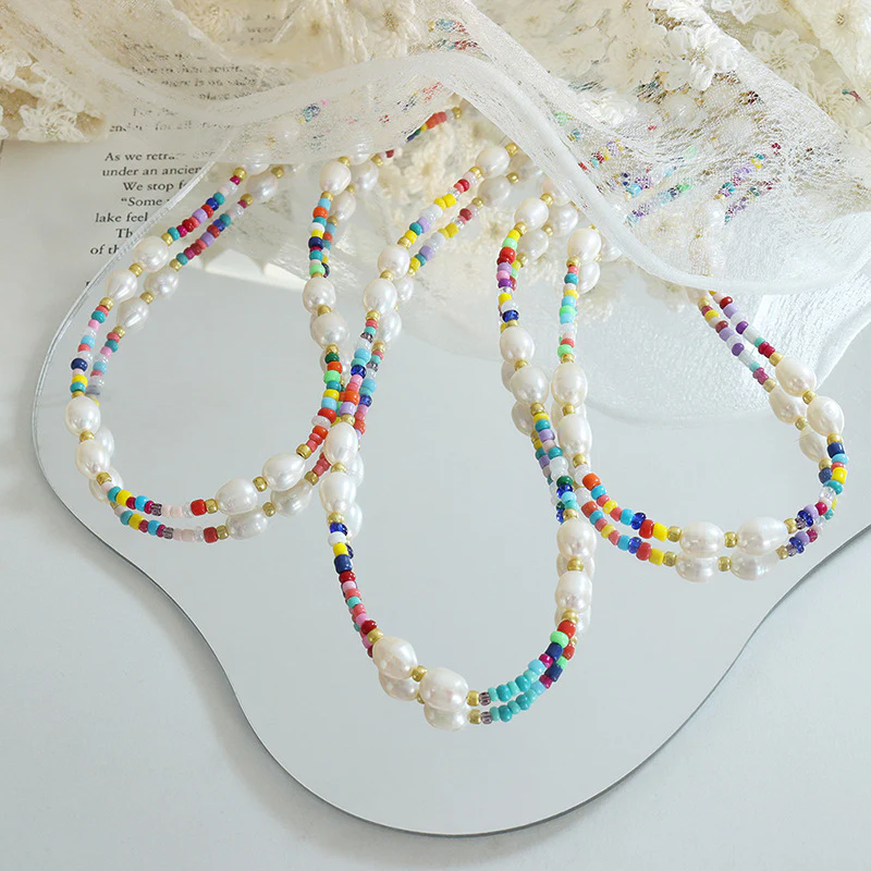 Freshwater Pearl and Rainbow Glass Beaded Necklace