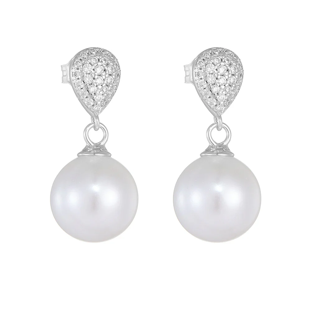 Teardrop Zircon 10mm Pearl Dangle Earrings