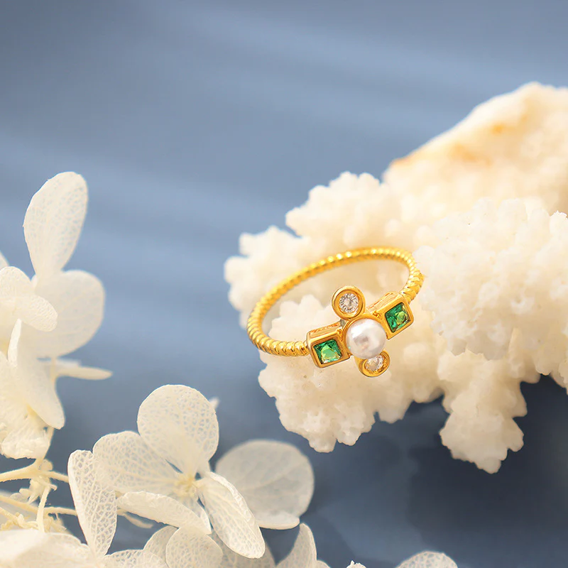 Emerald Zircon and Pearl Cross Ring