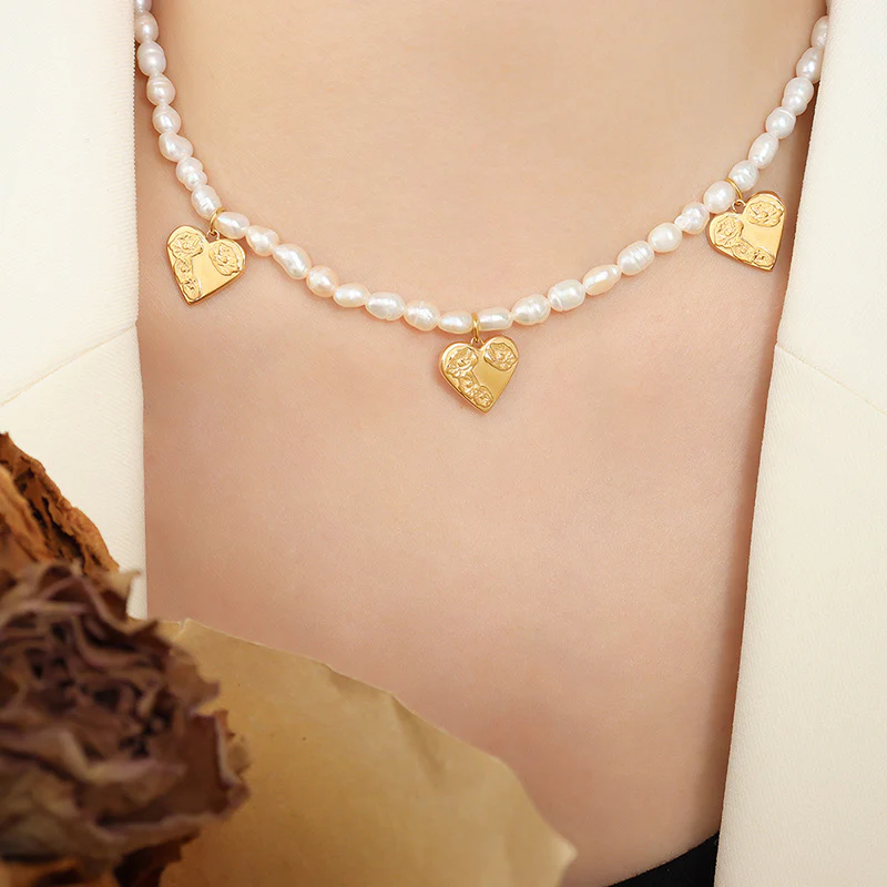 Three Love Heart Charms Freshwater Pearl Necklace