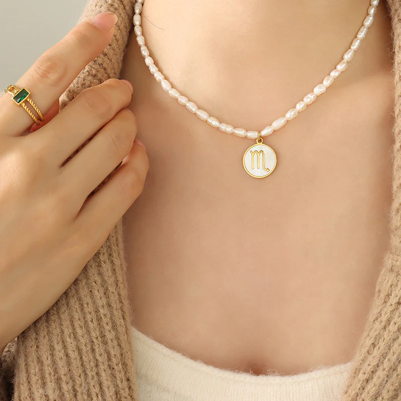 12 Constellation Zodiac Sign Round Pendant Freshwater Pearl Necklace