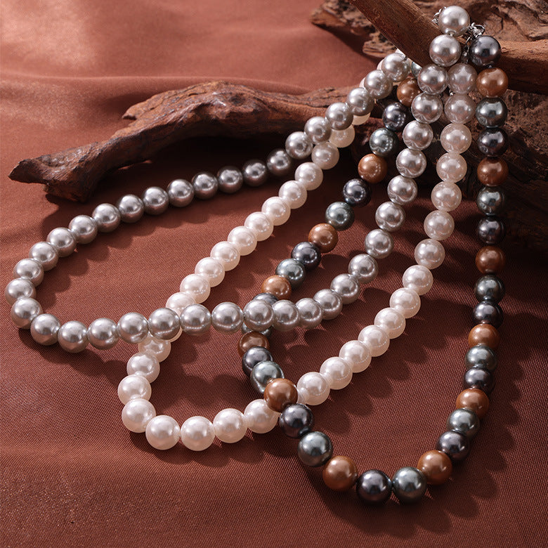 8mm 10mm 12mm White Grey Brown Pearl Bead Necklace