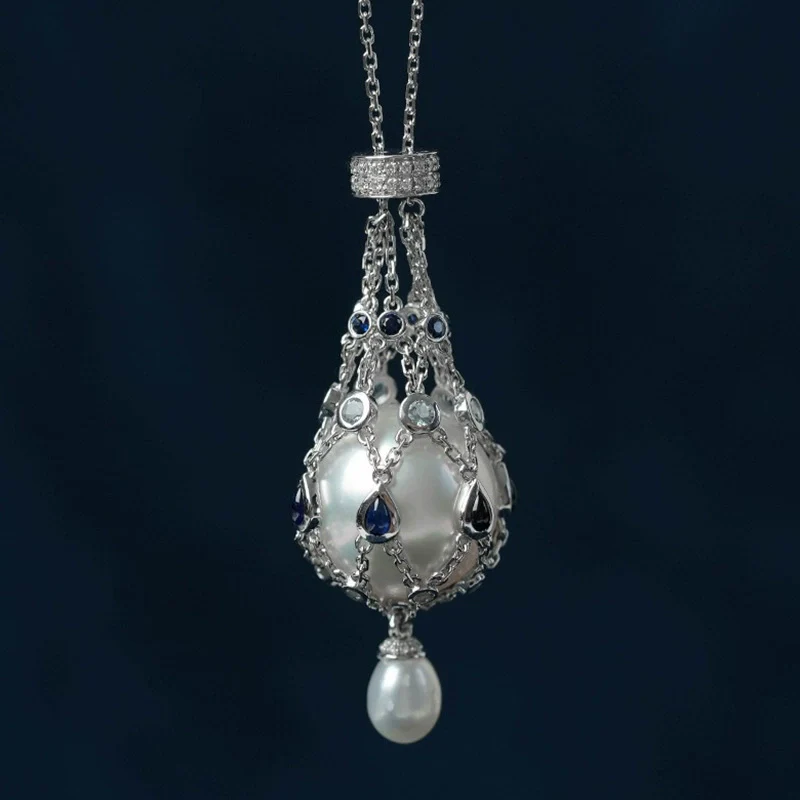 Freshwater Pearl & Blue Gemstone Pendant Necklace