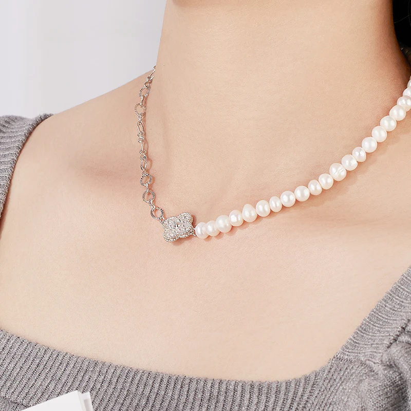 Half Pearl Half Chain Four Leaf Clover Pendant Necklace