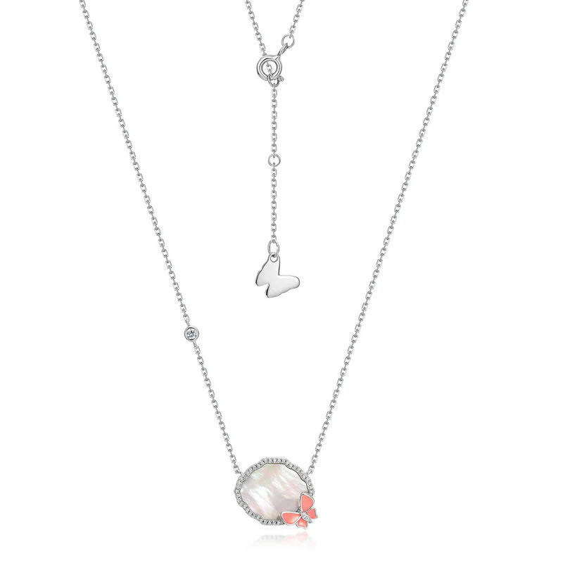 Pink Butterfly Mother of Pearl Pendant Necklace