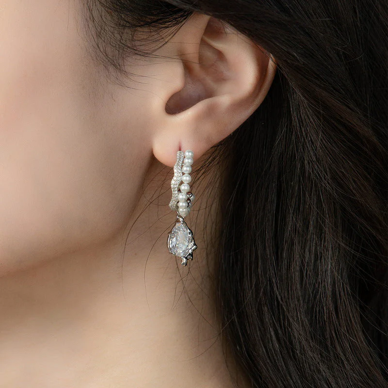 Silver Pearl Earrings With Diamonds