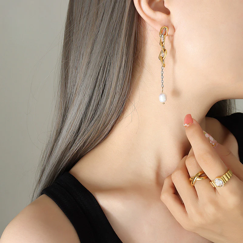 Gold Silver Mixing Chain Tassel Pearl Drop Earring