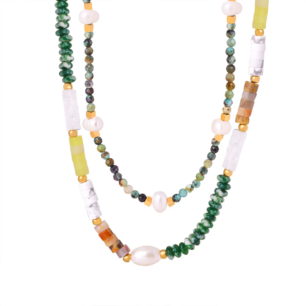 Natural Turquoise Agate White Fossil Pearl Beaded Necklaces