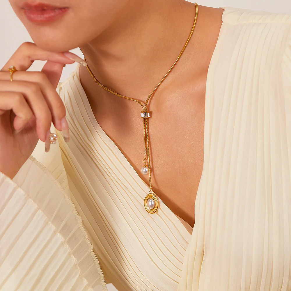 2 Strip Pearl Drop Pendant  Y Necklace