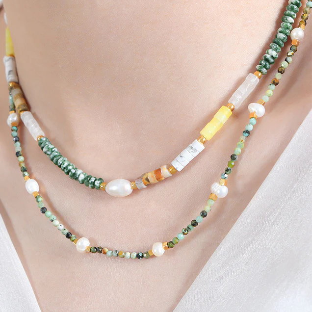 Natural Turquoise Agate White Fossil Pearl Beaded Necklaces