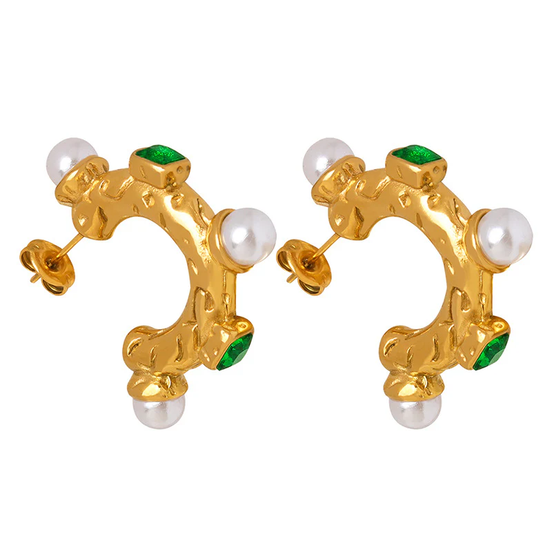 C Shape Emerald and Pearl Earrings