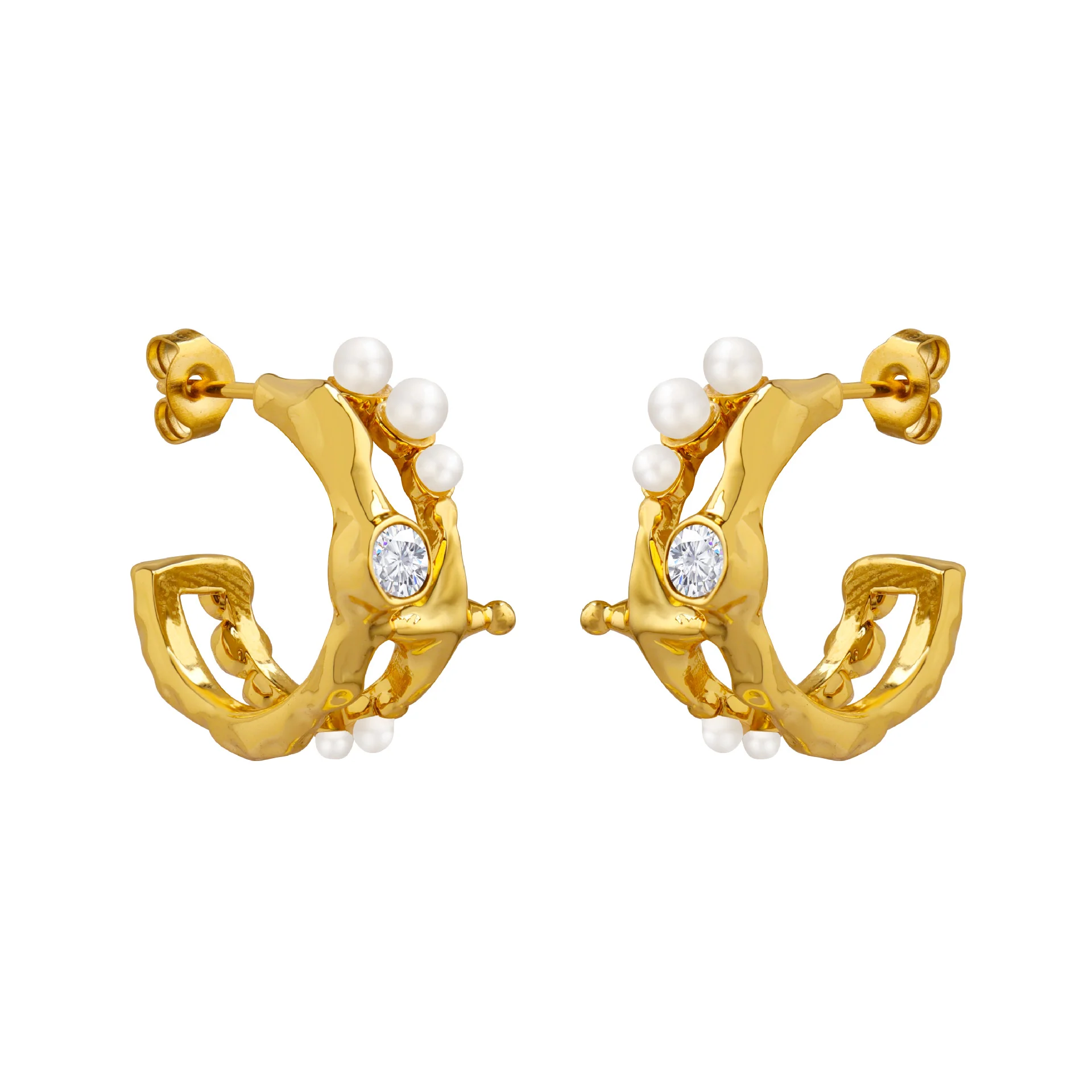 Elegant C Shape Diamond and Pearl Earrings