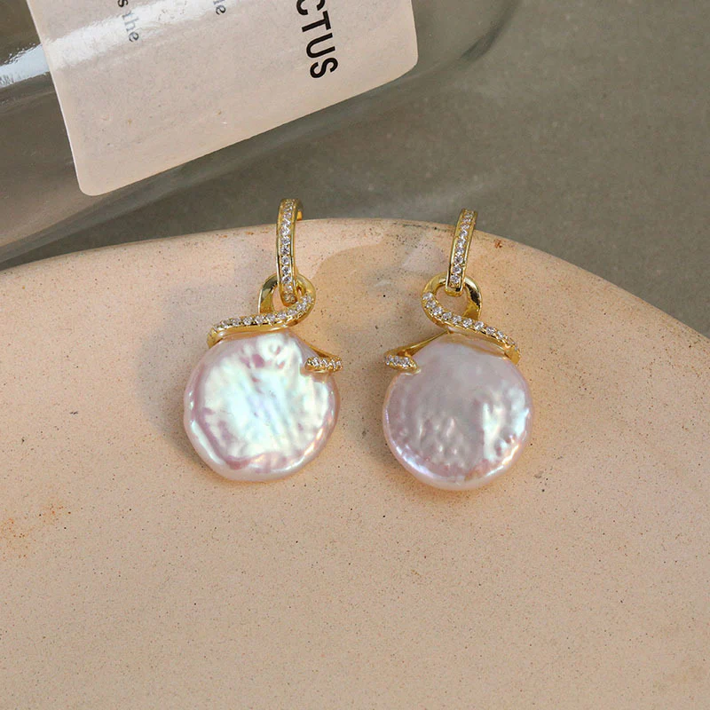 Zircon And Pink Flat Pearl Earrings