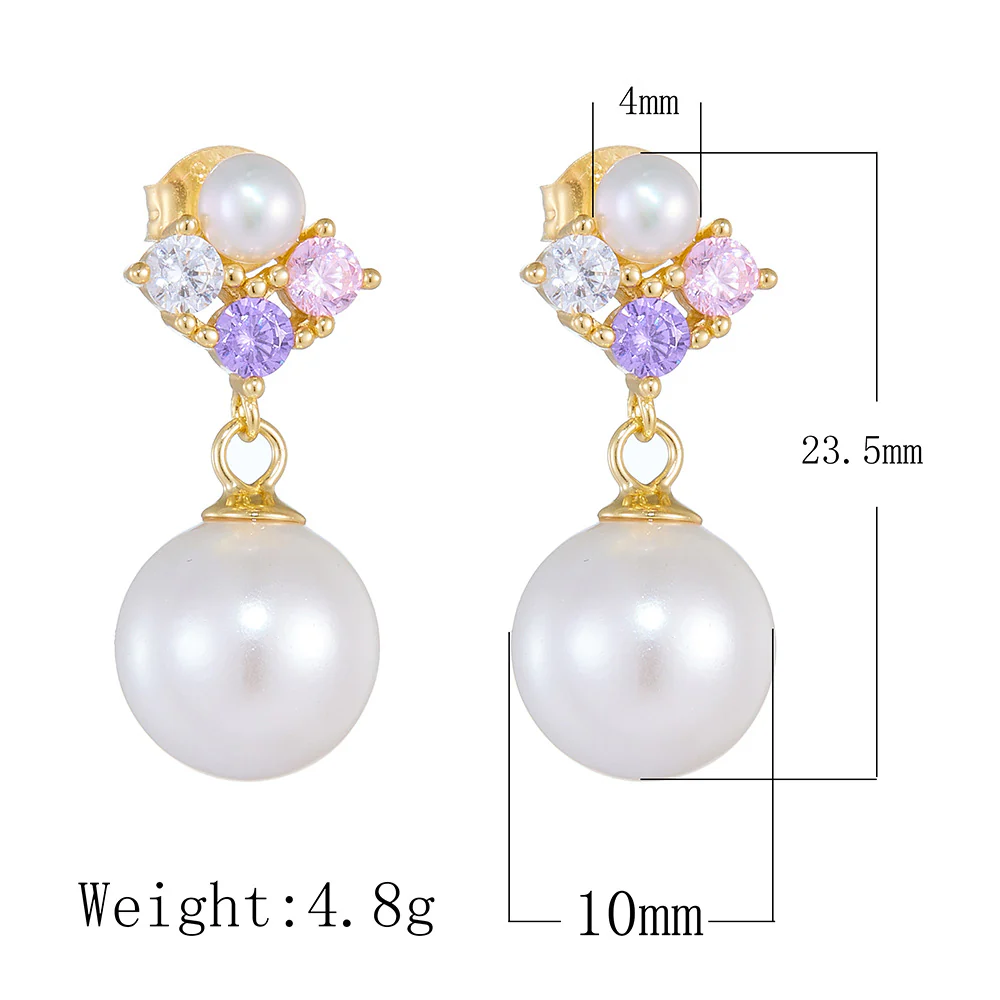 Colorful Pink Purple Zircon 10mm Pearl Earrings