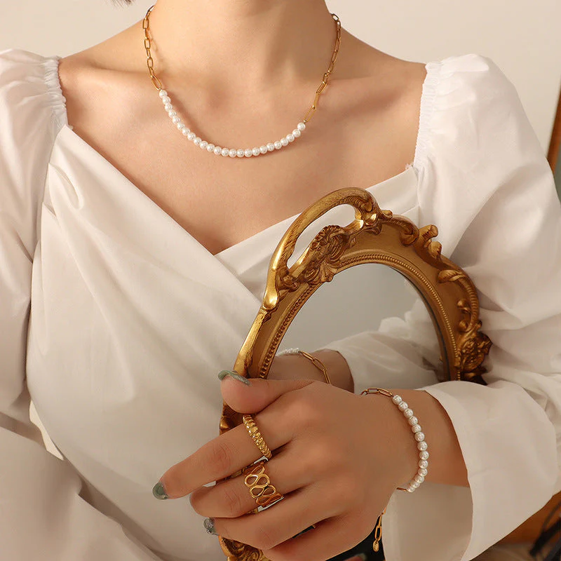 Influencer Paperclip And Pearl Necklace Bracelet Set