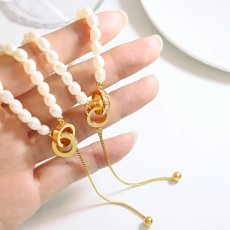 Two Rings Buckle Drop Pendant Freshwater Pearl Y Necklace