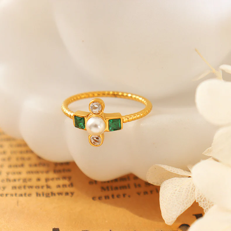 Emerald Zircon and Pearl Cross Ring