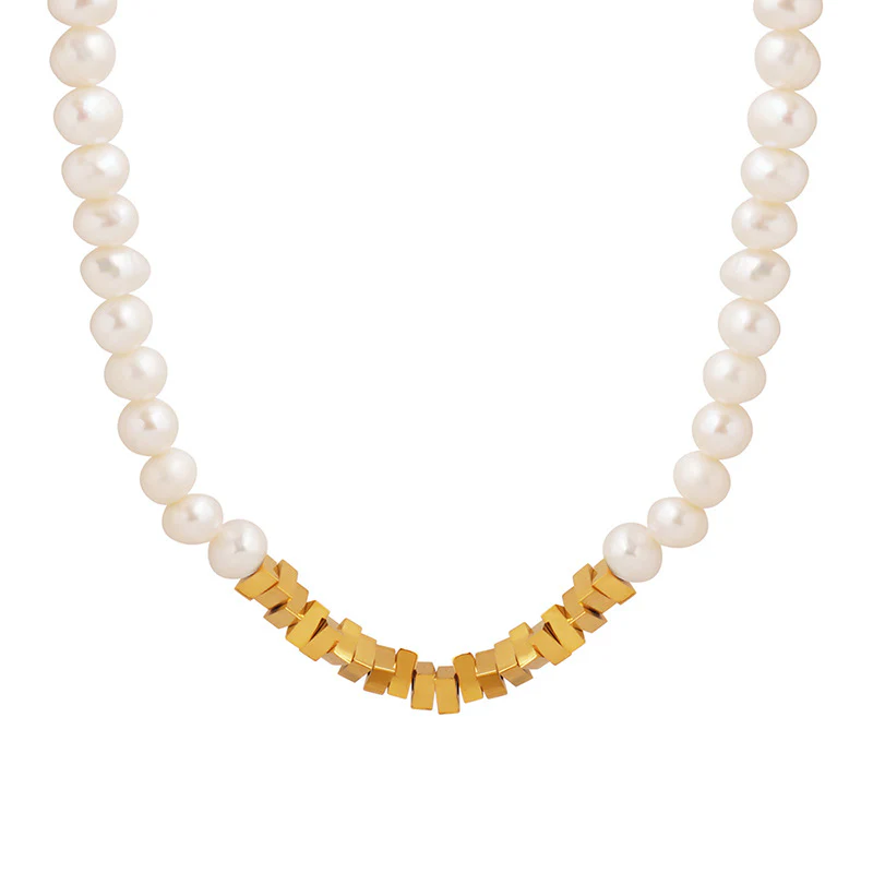 Gold Metal Block Stitching Freshwater Pearl Necklace